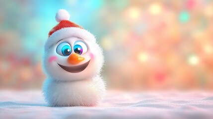 Obraz premium Cute cartoon snowman with Christmas hat, cheerful expression, soft fur, sitting in snow. Festive bokeh background.