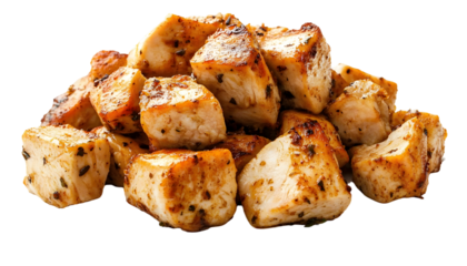 Roasted chicken cubes isolated on white background