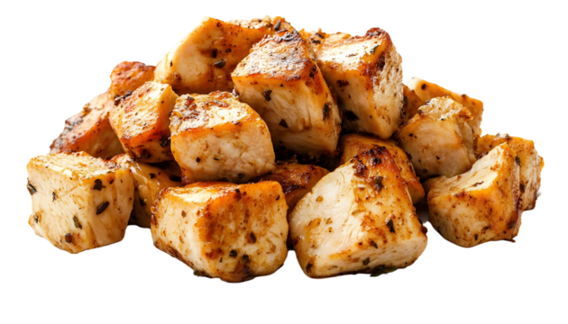 Roasted chicken cubes isolated on white background