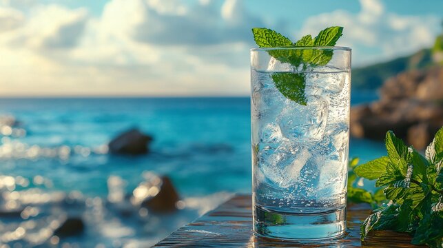 A refreshing glass of mineral water with mint on a wooden table, overlooking a summer seascape, perfect for food and drink promotion.
