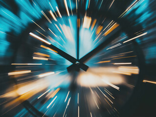 Dynamic clock imagery with motion blur and a glowing effect, symbolizing the concept of time, speed, and rapid technological advancements.