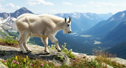 Obraz premium Mountain goat grazing in scenic alpine meadow amidst rocky mountain range