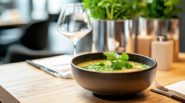 Freshly Prepared Bowl of Soup with Herbs on Wooden Table in Modern Restaurant Setting thai food
