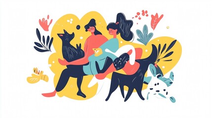 Happy Cat and Dog Owners Playing with Pets - Professional Image for Content Creators