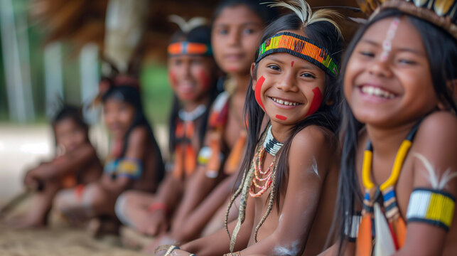 Indigenous children in traditional attire smiling joyously.