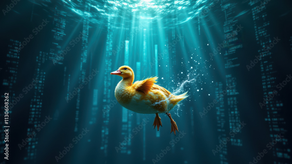Poster duck swimming with computer code background.