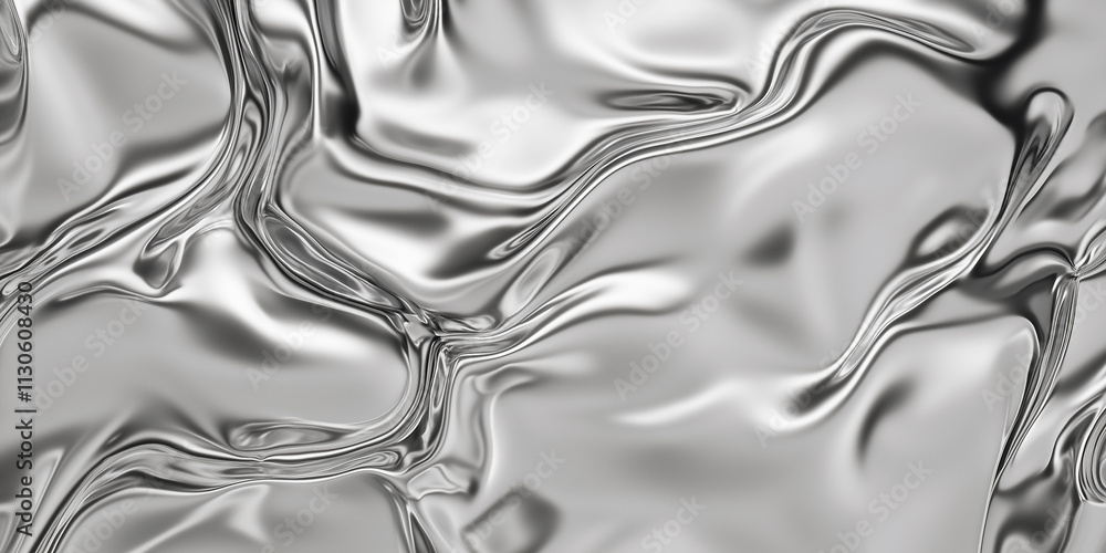 Poster smooth silver metallic texture with fluid, wavy patterns creating reflective surface