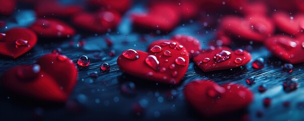 Fototapeta premium Romantic Red Hearts Water Drops Valentine s Day