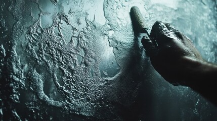 Fototapeta premium Textured Wall, Artistic Hand, Dark Teal, Abstract, Close-up, Gloved Hand, Applying Plaster, Intricate Detail, Moody Lighting, Surface Texture, Craftmanship