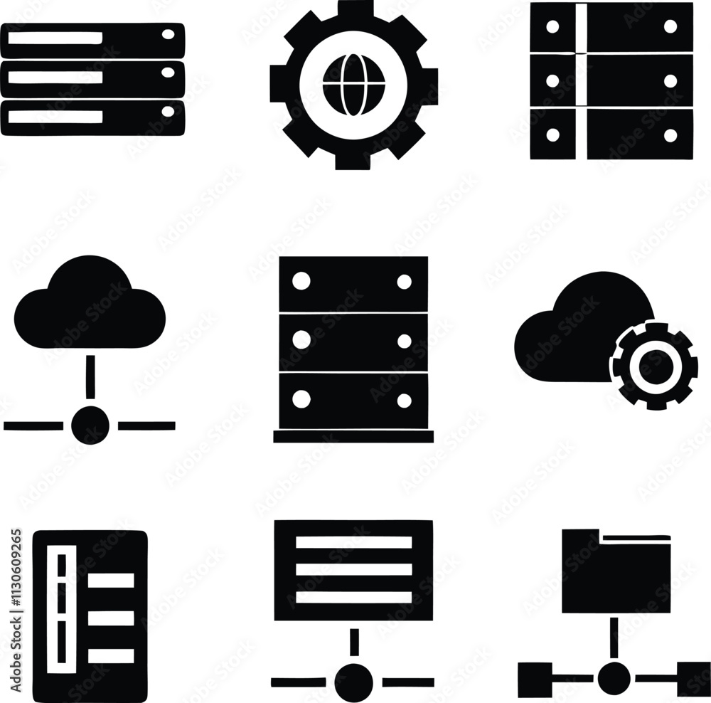 Poster global network server icons cloud computing, data storage, and management