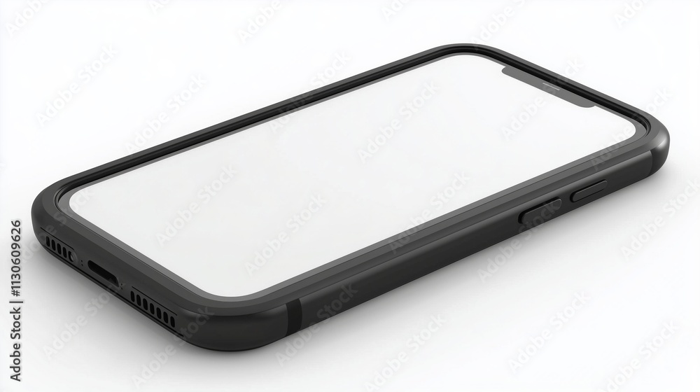 Poster isometric view of a modern smartphone with blank screen showing rugged case design isolated on white