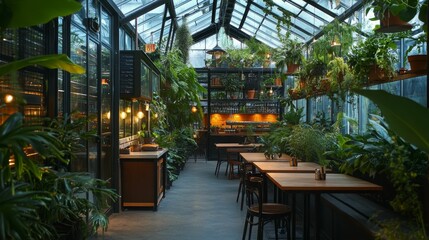 Fototapeta premium Indoor restaurant, glass roof, lush greenery, wooden tables.