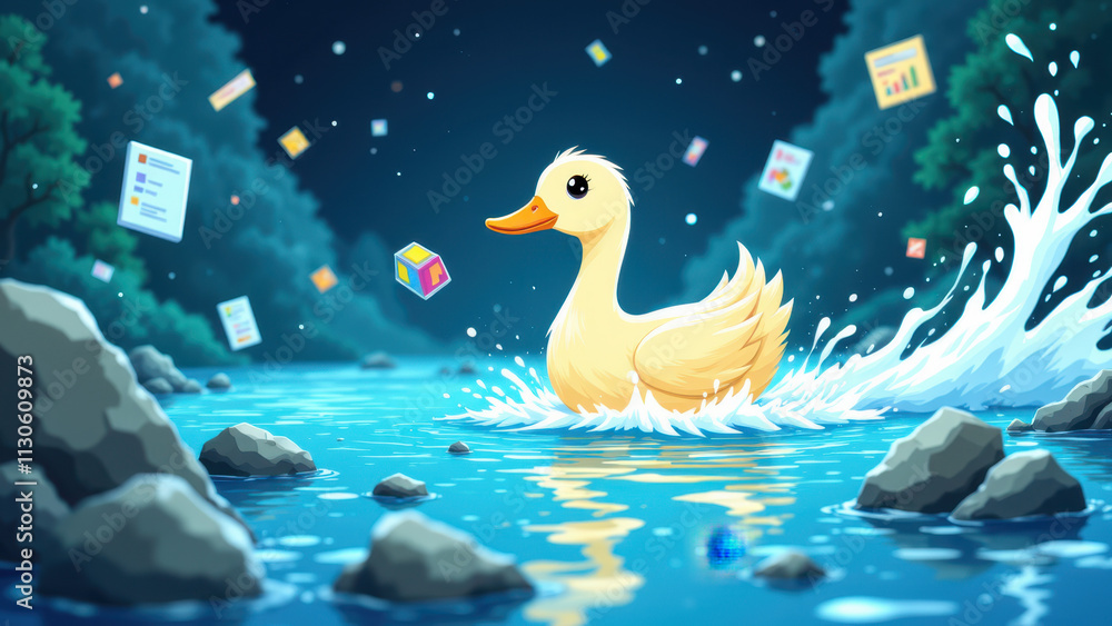 Poster an illustrated scene featuring a duck swimming in a river surrounded by data files and digital eleme