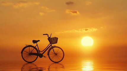 Fototapeta premium Silhouette of bicycle at sunset reflecting on water.