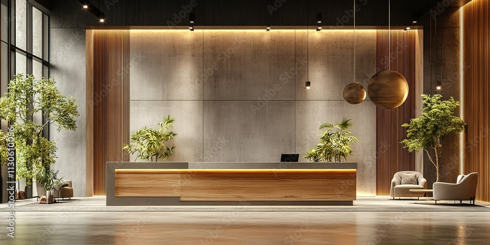 Poster modern reception area with natural elements and minimalist design located in a stylish building duri