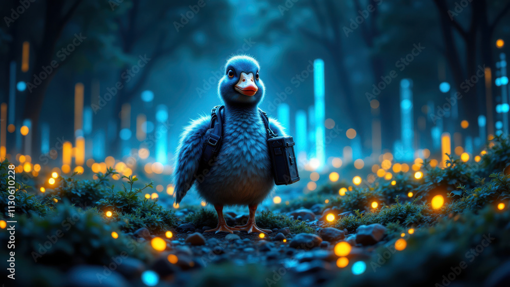 Aufkleber an animated fantasy depiction of a duck with an illuminated suitcase walking towards the viewer thro