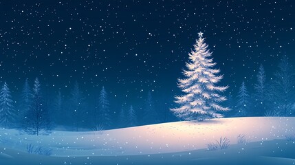 A sparkling white Christmas tree stands tall in a peaceful winter forest, glowing under the night sky, creating a serene holiday atmosphere.