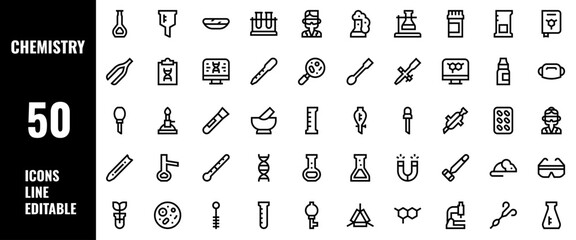 50 Chemistry Icons Set Pack Line Editable Vector Illustration