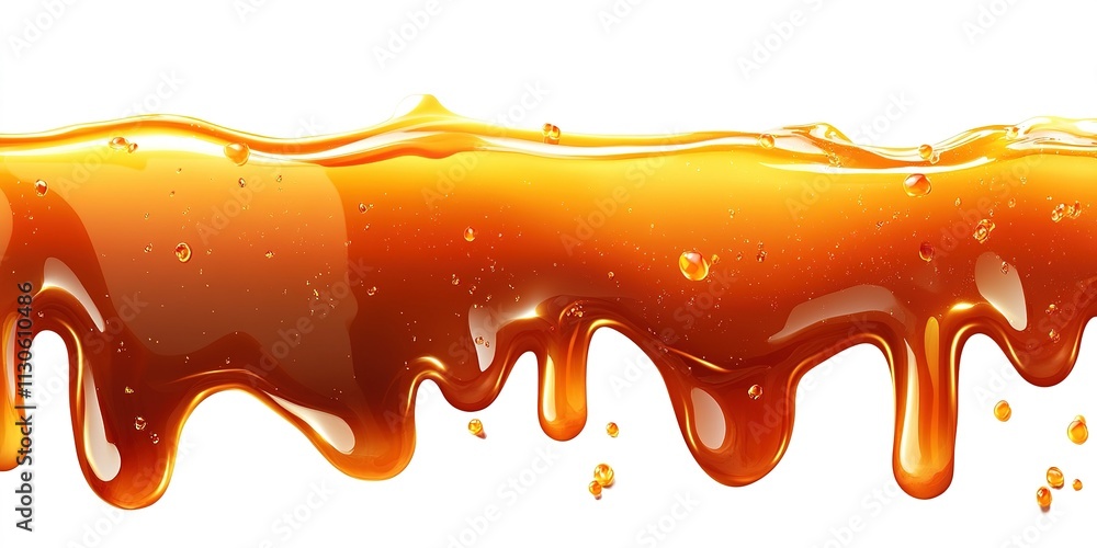 Poster golden syrup flowing smoothly with droplets, highlighting its rich texture and color in a bright set