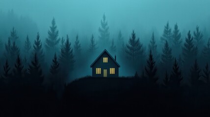 Fototapeta premium Misty Forest House Night Scene Dark Green Blue Illustration Home Nature Trees Solitude Calm