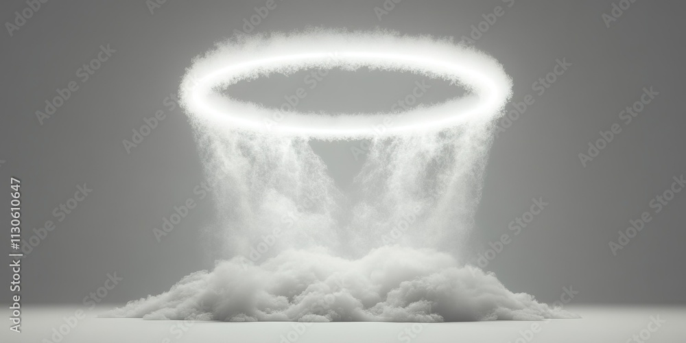 Poster whimsical cloud formation creating a halo effect above a soft mist in a serene, minimalist setting