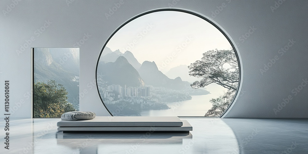 Poster modern minimalist interior with mountain view through circular window in serene environment