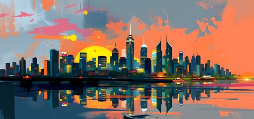 Fototapeta premium city skyline at sunset painting