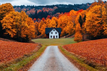 Obraz premium Autumn House Fall Foliage Country Road Scenic Landscape