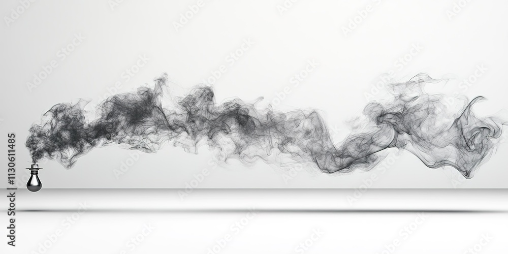 Poster smoke emanates from a slender vessel creating an abstract display of swirling black shapes on a ligh