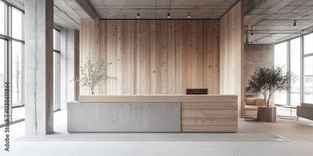 Poster modern reception area features wooden and concrete design elements with natural light in urban setti