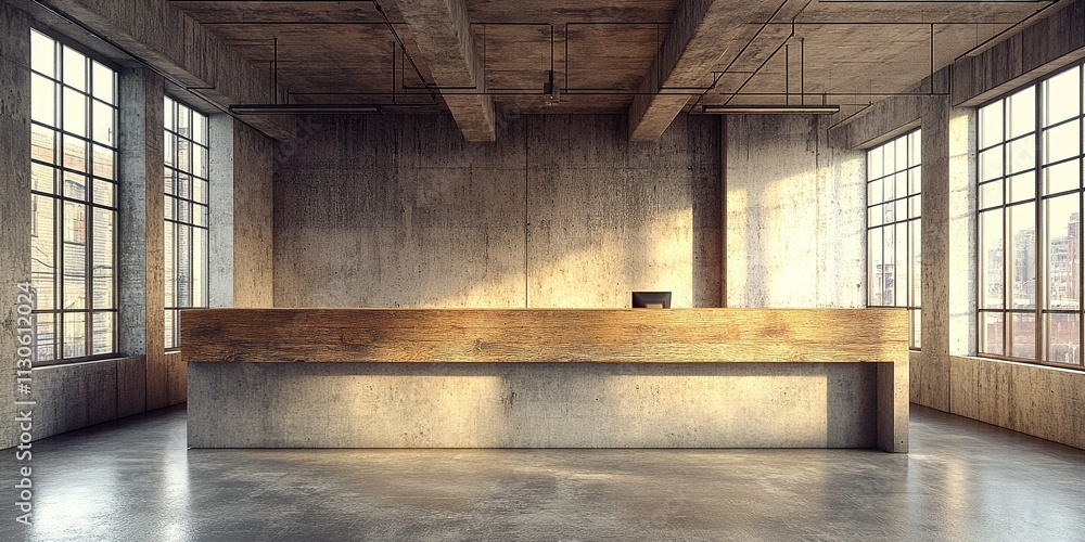 Aufkleber modern reception area with large windows and concrete architecture in bright daylight