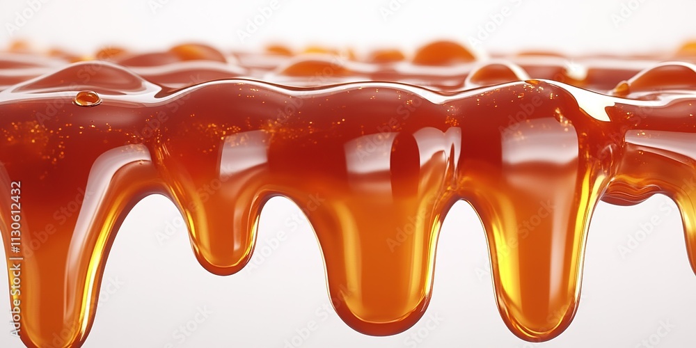 Poster golden honey slowly drips from a smooth surface creating a glossy texture suitable for various culin