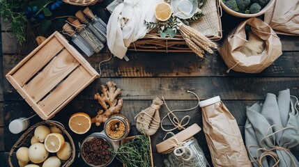 A flat lay of natural items like herbs, fruits, and  a wooden crate on a rustic wooden background.