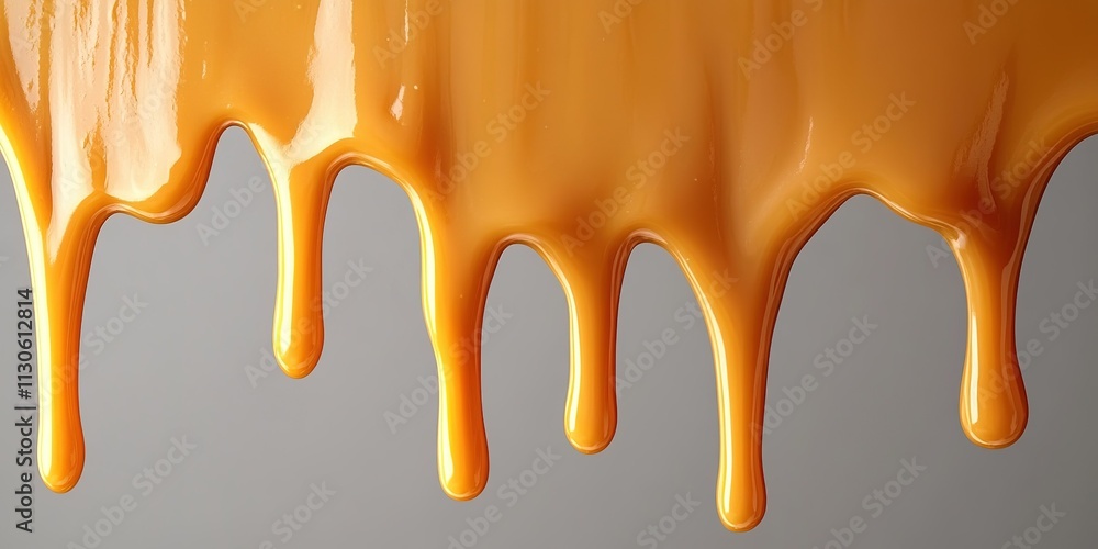 Poster golden caramel flows down a surface creating a glossy texture in close-up view