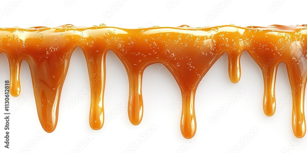 Poster dripping caramel sauce with a glossy texture on a white surface creating an appealing dessert toppin