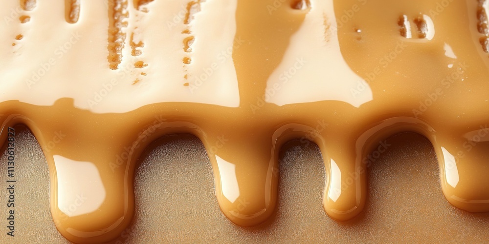 Poster melted caramel sauce oozing down a smooth surface creating a glossy dessert topping effect