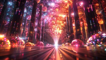 Naklejka premium Glittering Disco Ball Corridor Illuminates A Festive Path