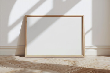One frame on floor mockup blank poster. Wooden frame mock up empty print background. Wood picture frame in room. Gallery design modern interior