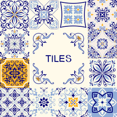 Hand drawn seamless abstract tile pattern. Spanish ceramic floor tiles. Portuguese motifs. Colorful decorations pattern, racy vector design. Ceramic tiles in turkish style.