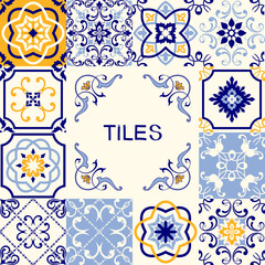 Hand drawn seamless abstract tile pattern. Spanish ceramic floor tiles. Portuguese motifs. Colorful decorations pattern, racy vector design. Ceramic tiles in turkish style.