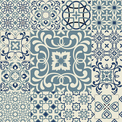 Hand drawn seamless abstract tile pattern. Spanish ceramic floor tiles. Portuguese motifs. Colorful decorations pattern, racy vector design. Ceramic tiles in turkish style.
