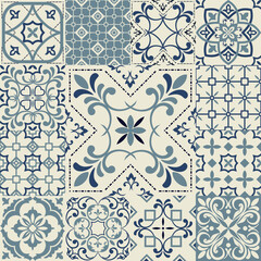 Hand drawn seamless abstract tile pattern. Spanish ceramic floor tiles. Portuguese motifs. Colorful decorations pattern, racy vector design. Ceramic tiles in turkish style.