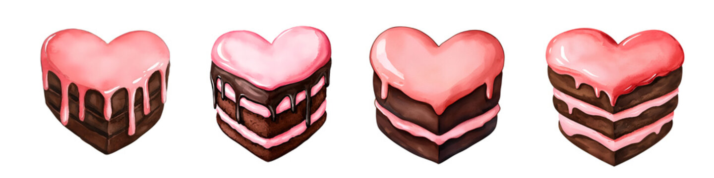 A collection of heart-shaped desserts featuring layers of chocolate and pink frosting, each with unique designs and textures.