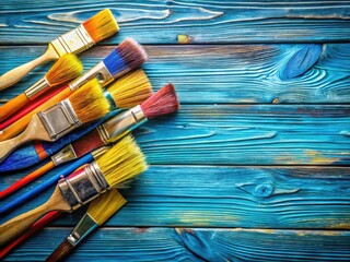 Fototapeta premium Double Exposure Painting Brushes Blue Wood Table Stock Photo - Artistic Surreal Photography