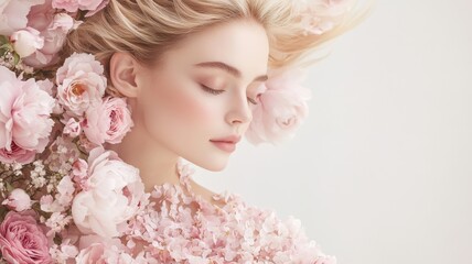 Studio Beautiful portrait of attractive young blonde woman wearing spring pink floral peony dress surrounded Model with healthy, close up. Cosmetology, beauty and spa