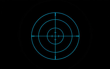 Target Reticle: A sleek, modern circular reticle with clean, glowing blue lines and subtle crosshairs, positioned to the left against a deep matte black background