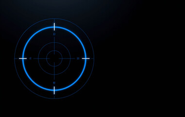 Target Reticle: A sleek, modern circular reticle with clean, glowing blue lines and subtle crosshairs, positioned to the left against a deep matte black background
