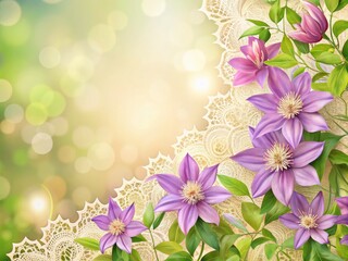 Elegant Lace Border with Clematis Flowers: Delicate Floral Illustration Design