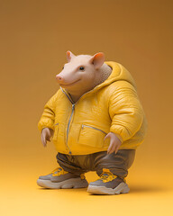 Stylish pig in yellow jacket studio setting 3d render minimalist background fun concept for art and...