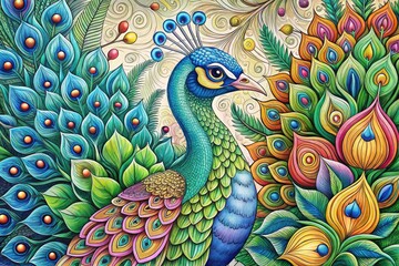 Fototapeta premium Elegant Peacock Coloring Page: Exquisite Bird Illustration, High-Resolution Printable Design